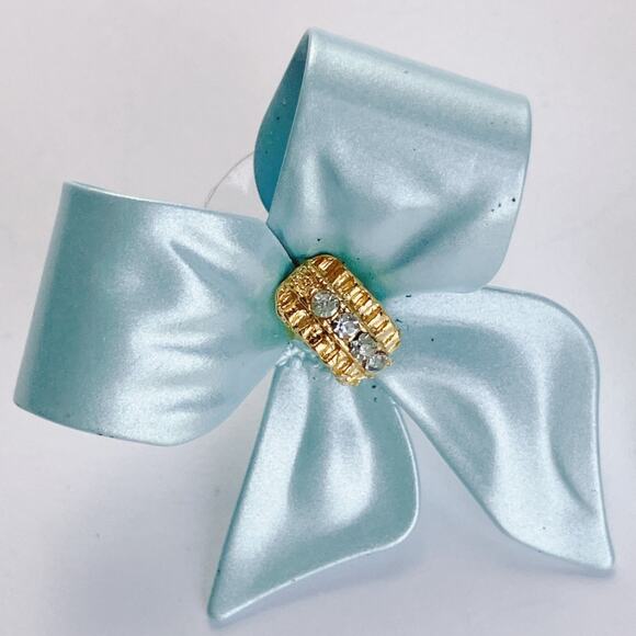 VTG Enamel Bow Earrings Aqua Blue Gold Tone Rhinestone Post Dore Style 80s-90s - Picture 4 of 12